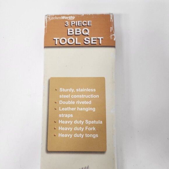 Kitchen Worthy 3 Piece BBQ Grill Tool Set Stainless Steel Wooden Handles NEW - Picture 2 of 6